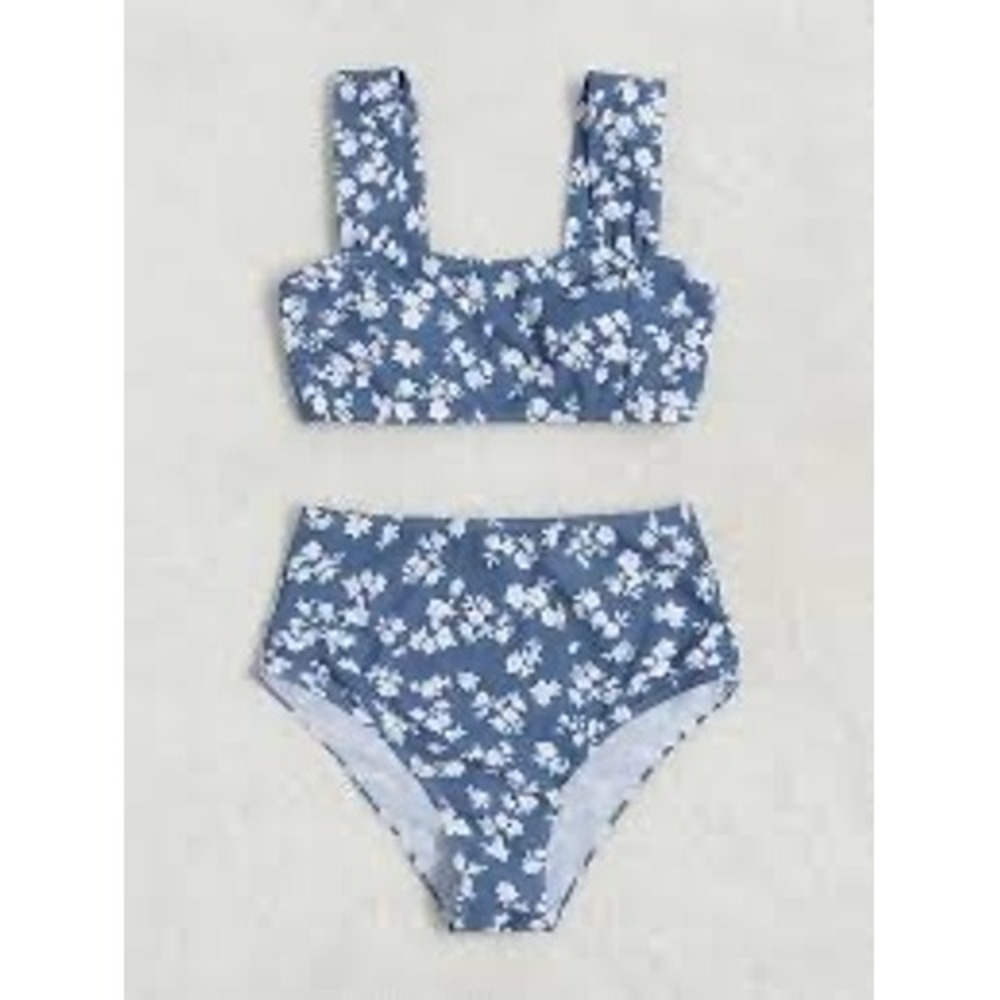 Blue Floral High Waisted Two Piece Bikini Set Square Neck Swimsuit XL